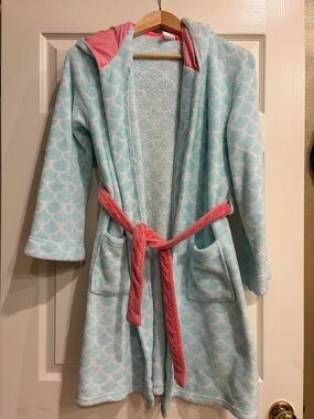 Cat & Jack XL 14/16 Aqua Pink Plush Owl Hooded Robe Belt Kids Girls Sleepwear